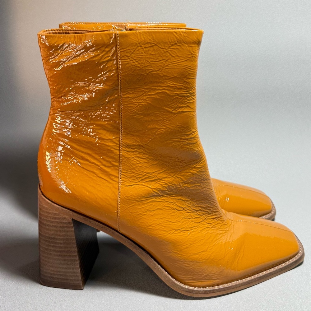 Women's Patent Leather Block Heel Ankle Boots - Mustard Yellow